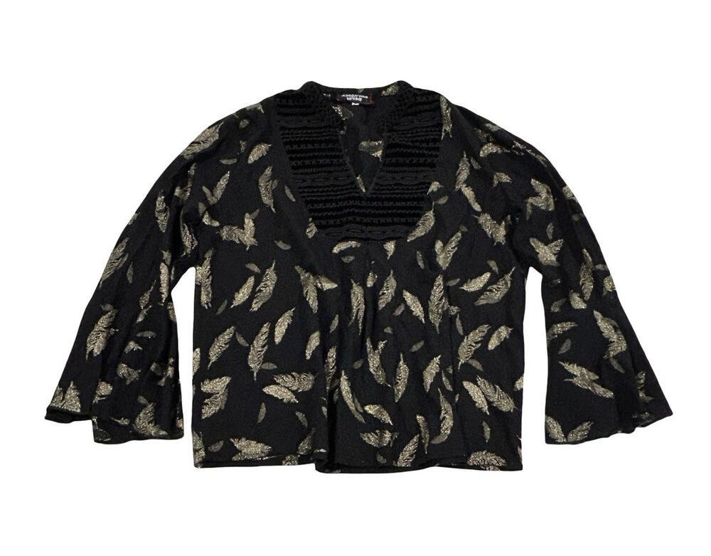 Johnny Was Workshop Top Blouse Size M Black & Gold Feather Print Bell Sleeves